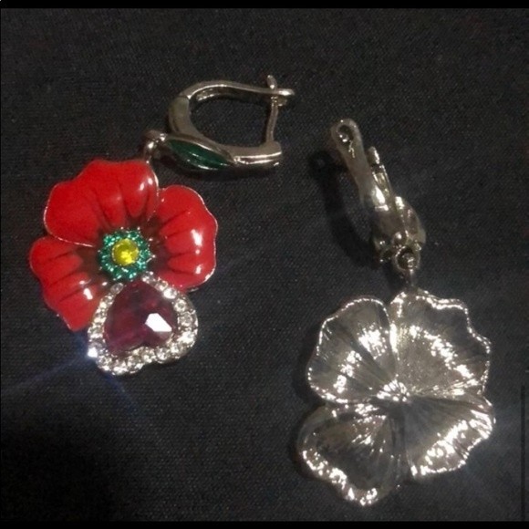 Floral Enamel Pendant Necklace set Red Zircon Silver Chain Dangle Earrings - Picture 6 of 11